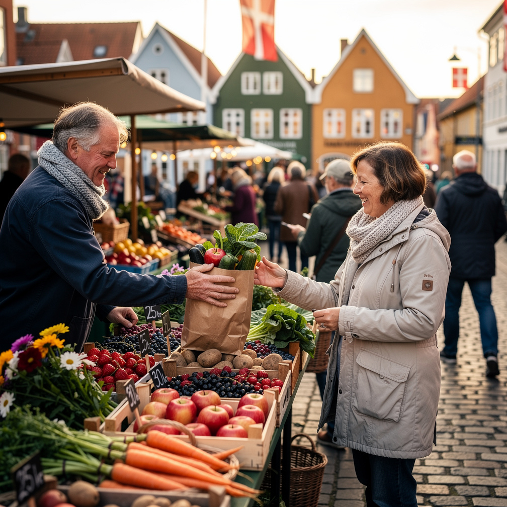 Documentary photo of a bustling Danish street market with vendors and shoppers