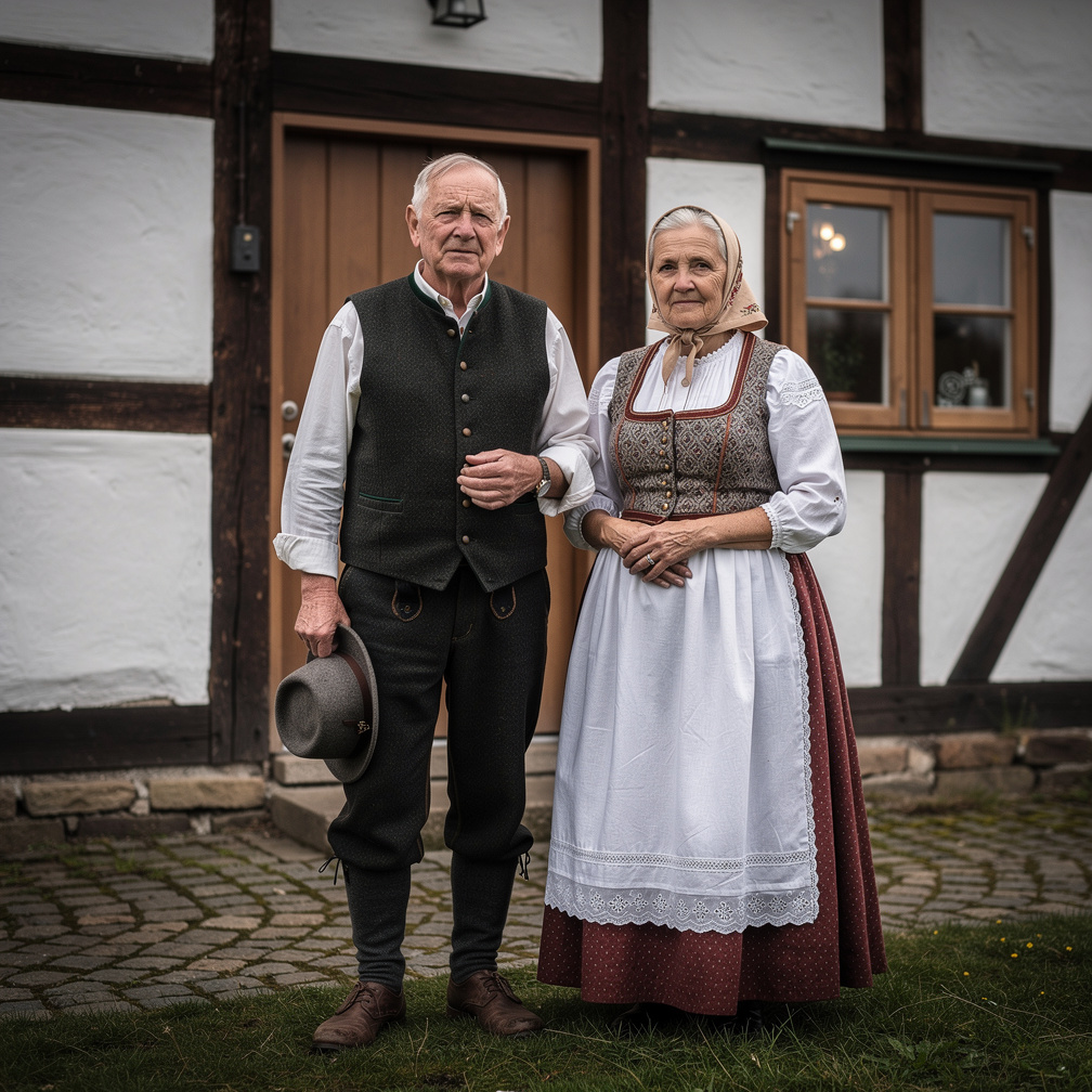Elderly Danish couple in traditional folk clothing standing outside a timbered farmhouse