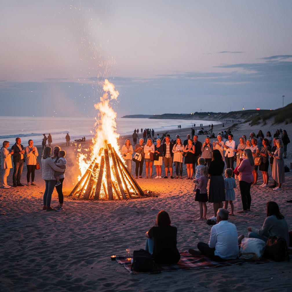 Crowd gathered around a Danish Sankt Hans bonfire celebration at dusk