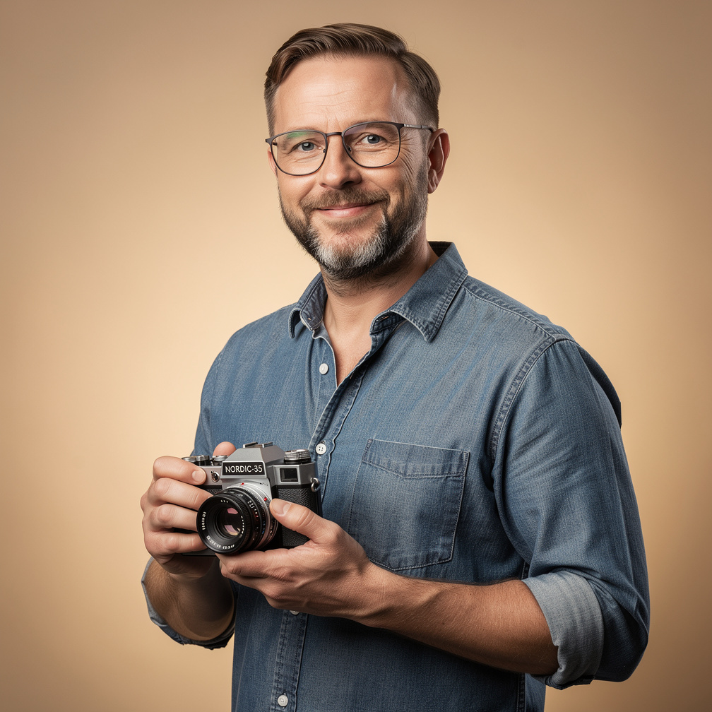 Portrait of a Danish male documentary photographer with beard and glasses holding a camera